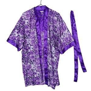 Sante Classics Robe Size Large Purple Roses Print Silky Polyester Beltloops Belt
